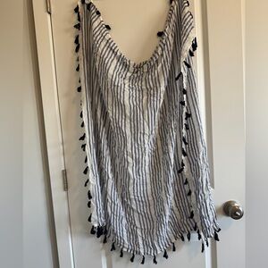 Blue and White Striped Tassel Scarf